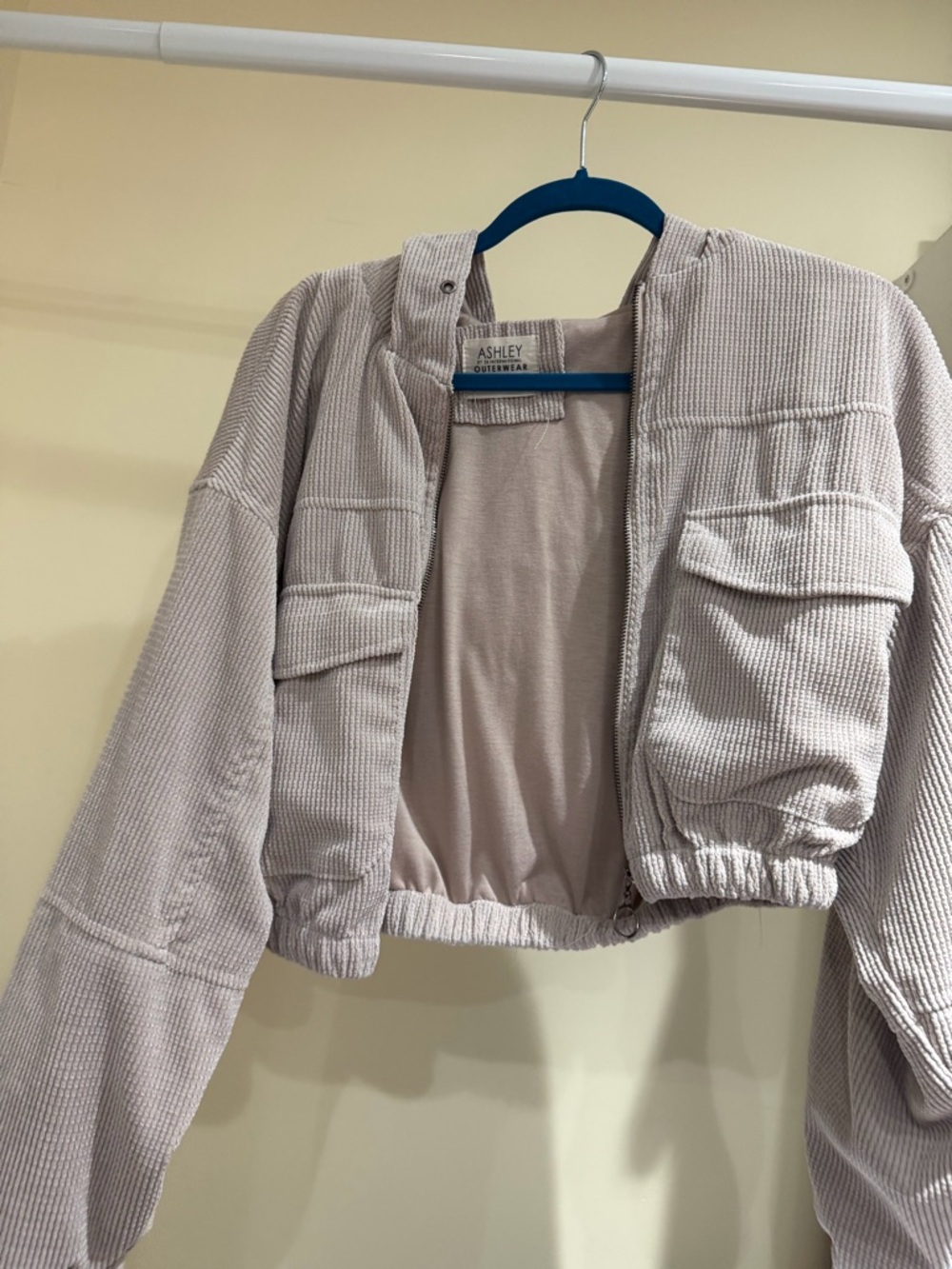 Ashley By 26 International Beige Cropped Corduroy Bomber Jacket